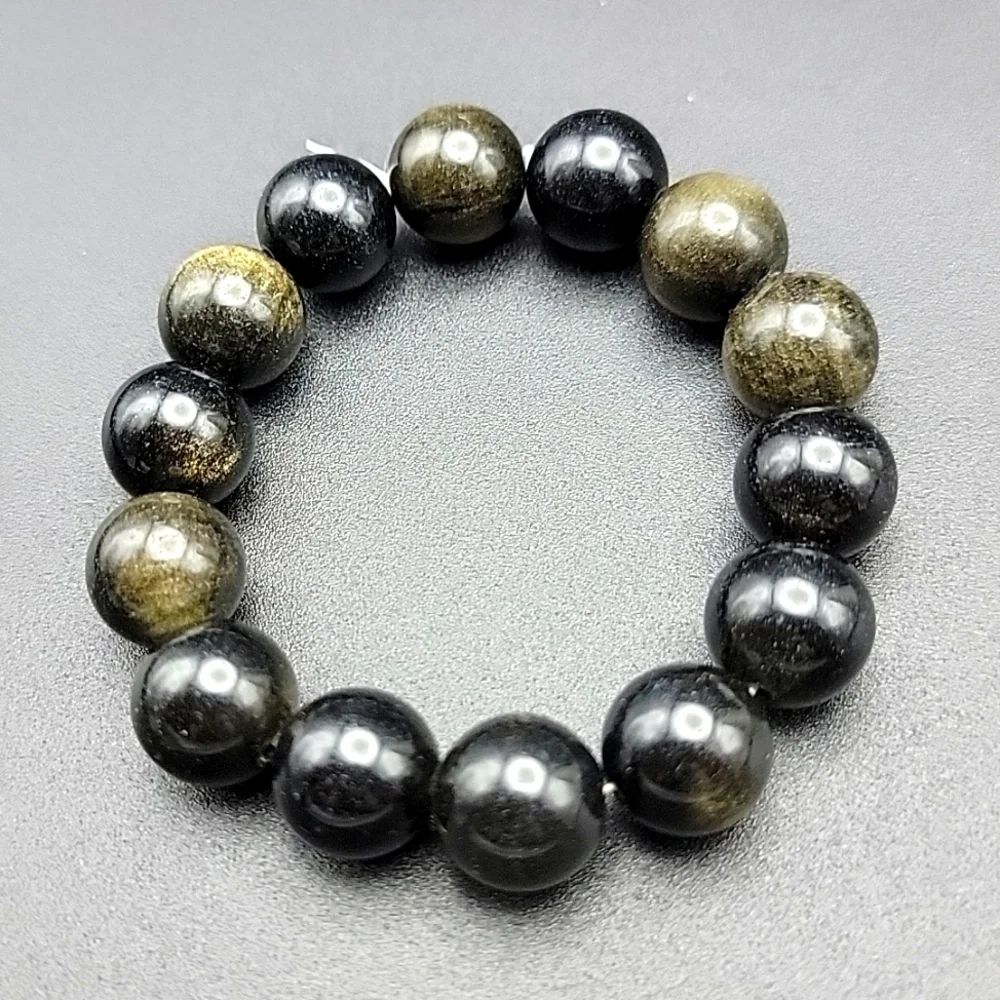 14mm Gold Sheen Black Obsidian Stretch Bracelet Size Gemstone Beaeded Size 6.5
